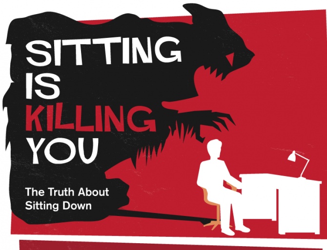 Head section of 'sitting is killing you' infographic showing a person at a desk and a scary shadow over it