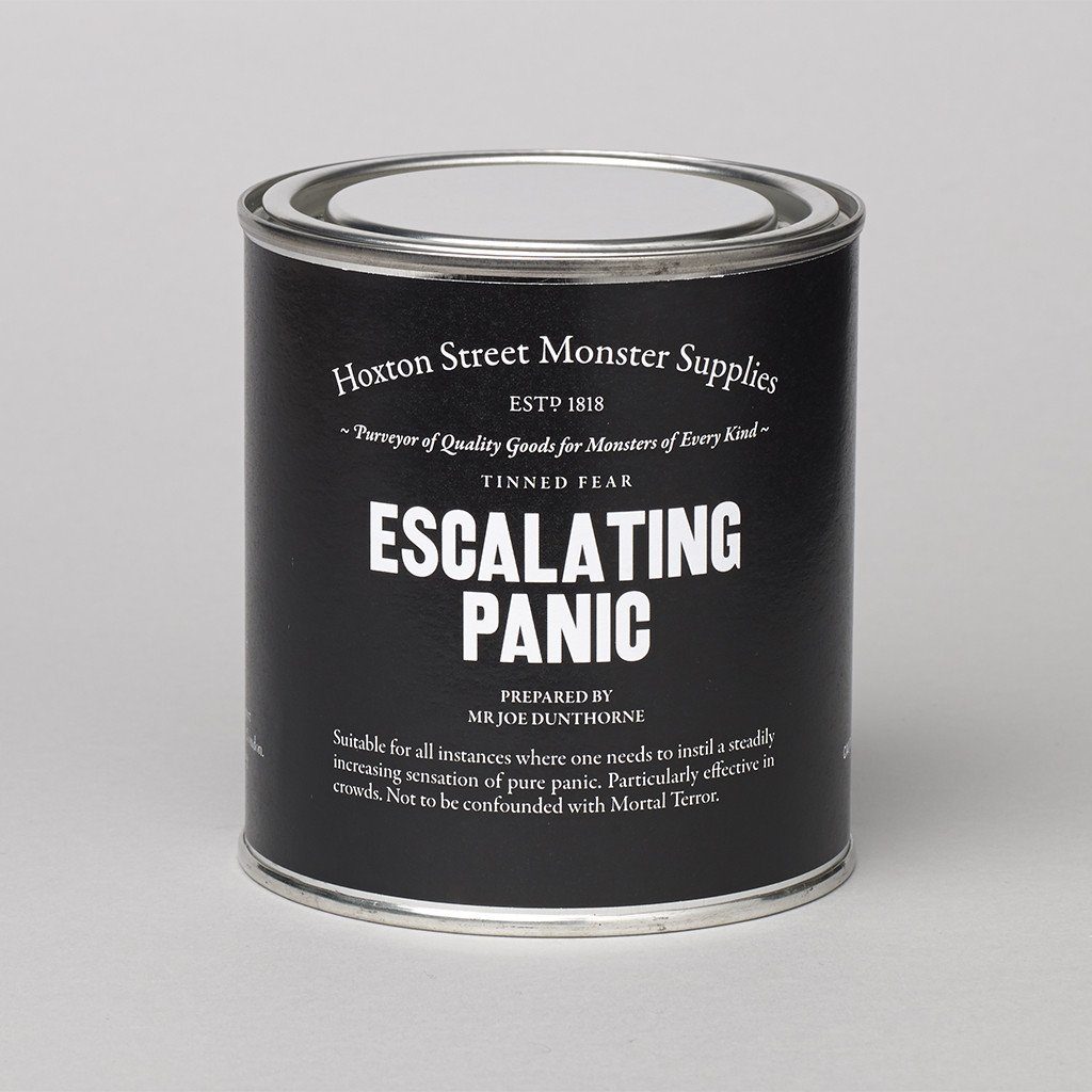 A large can of Escalating Panic from Hoxton Street Monster Supplies