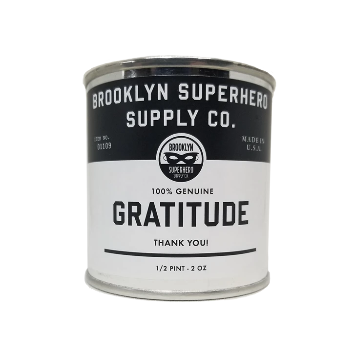 A large can of Gratitude from Brooklyn Superhero Supply Co.
