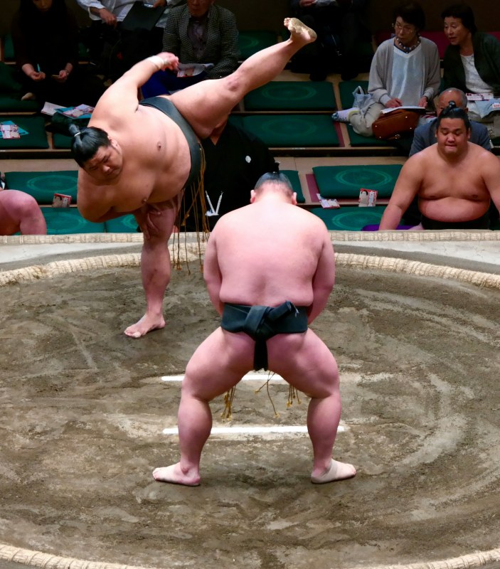 Sumo wrestlers, preparing and showing off before a fight.